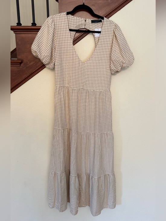 Common Thread Dresses & Skirts - Beige Gingham Tiered Maxi Dress with Puff Sleeves